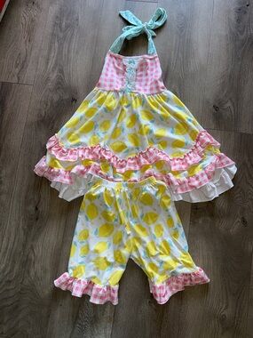 Girls Lemon Halter Ruffle Set - Yellow & Pink